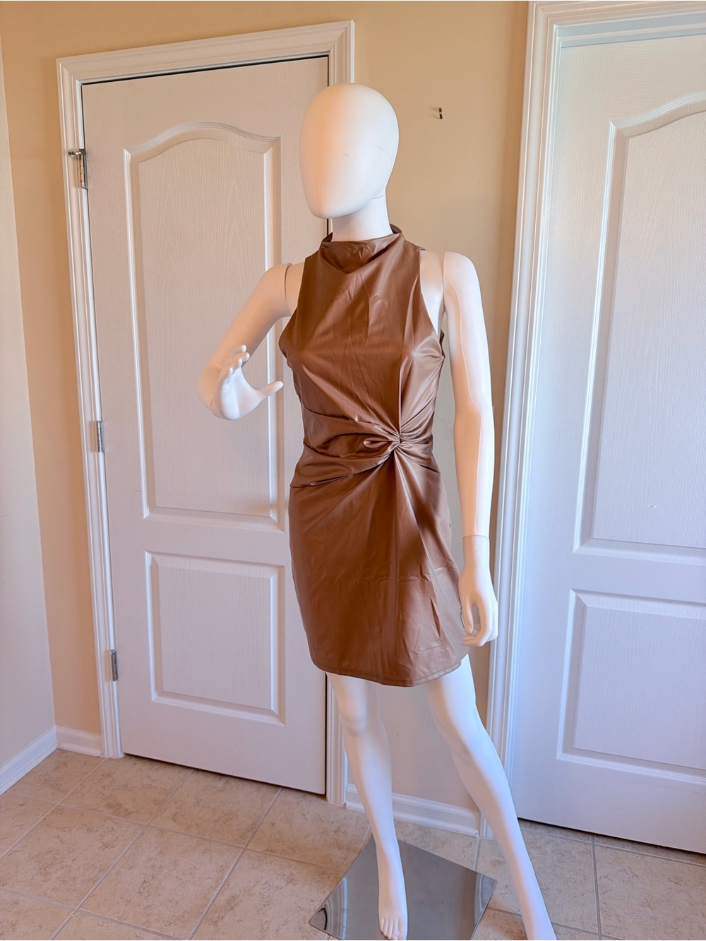New Fashion Nova Sleeveless Twist-Front Faux Leather Mini Dress in Brown Size M